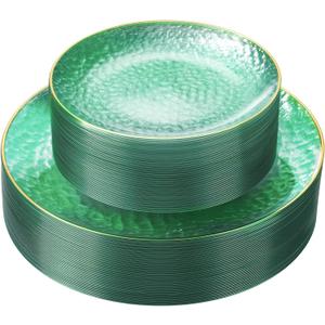realluck 100 Pcs Clear Green Plastic Plates with Gold Rim, Premium Hammered Texture Disposable Party Dinnerware Set (50 Dinner Plates & 50 Dessert Plates) for Wedding, Birthday, Thanksgiving, Large