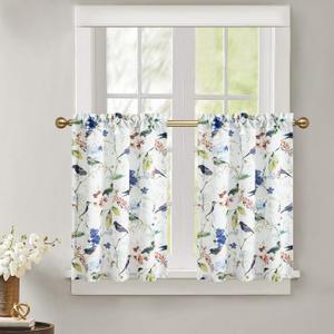 Leeva Farmhouse Short Curtains for Windows, Elegant Blue Birds Linen Textured Curtain Tiers for Living Room Bedroom, 2 Panels Set, 29 x 36 Inches