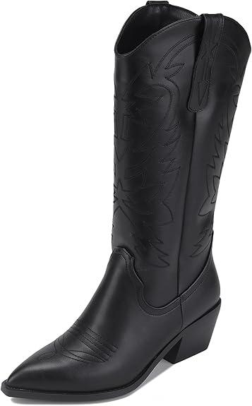 Monrovia Western Cowgirl Boots for Women, Wide Calf, Low Block heels, Pointed Toe, Embroidered, Chunky Heel Mid Calf Cowboy Boots   8.5