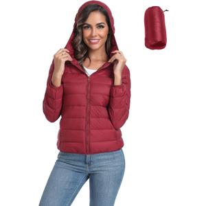 Valennia Women's Short Down Coat Packable Puffer Jacket With Hooded Winter Ultra Light Outerwear, Wine Red M