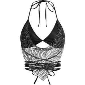 SHENHE Women's Sparkly Sequin Mesh Halter Top Open Back Sheer Sexy Party Rave Crop Top (Medium, Black)