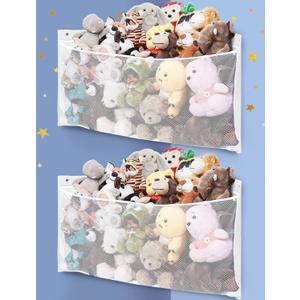 ANROYE 2PCS Large Corner Stuffed Animal Storage, Kids Plushies Toy White Wall Hammock for Girls Room, Baby Squishmallow Holder for Nursery, Organizer Idea for Bear Hanging Display Boy Gift