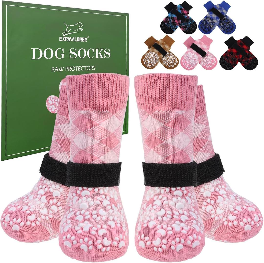 EXPAWLORER Dog Socks for Cold Winter Snow to Prevent Licking Paws, Anti Slip Doggie Booties Grippy Shoes for Hardwood Floors, Boots & Paw Protectors for Small Medium Large Senior Dogs Pink , Extra Small 