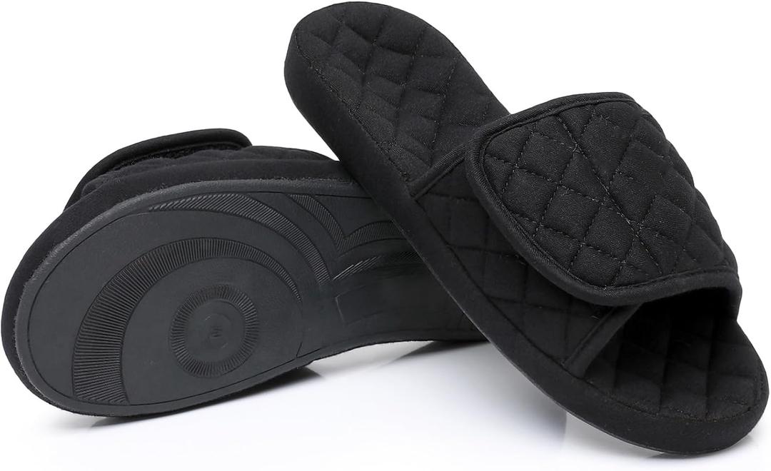 Git-up Womens Open Toe Adjustable Memory Foam Slip On Indoor House Slippers,Orthotic Slippers with Arch Support for Plantar Fasciitis All-Day Comfort, Gift (11-12, Black)
