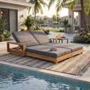 Christopher Knight Home Mari Acacia Wood Chaise Lounge Chair Outdoor, Spacious Double Outdoor Chaise Lounge With 3-Fold Cushions, 4 Position Adjustable Backrest Pool Lounger, Light Natural + Dark Grey, 76.77 x 60.63 x 34.9 inches