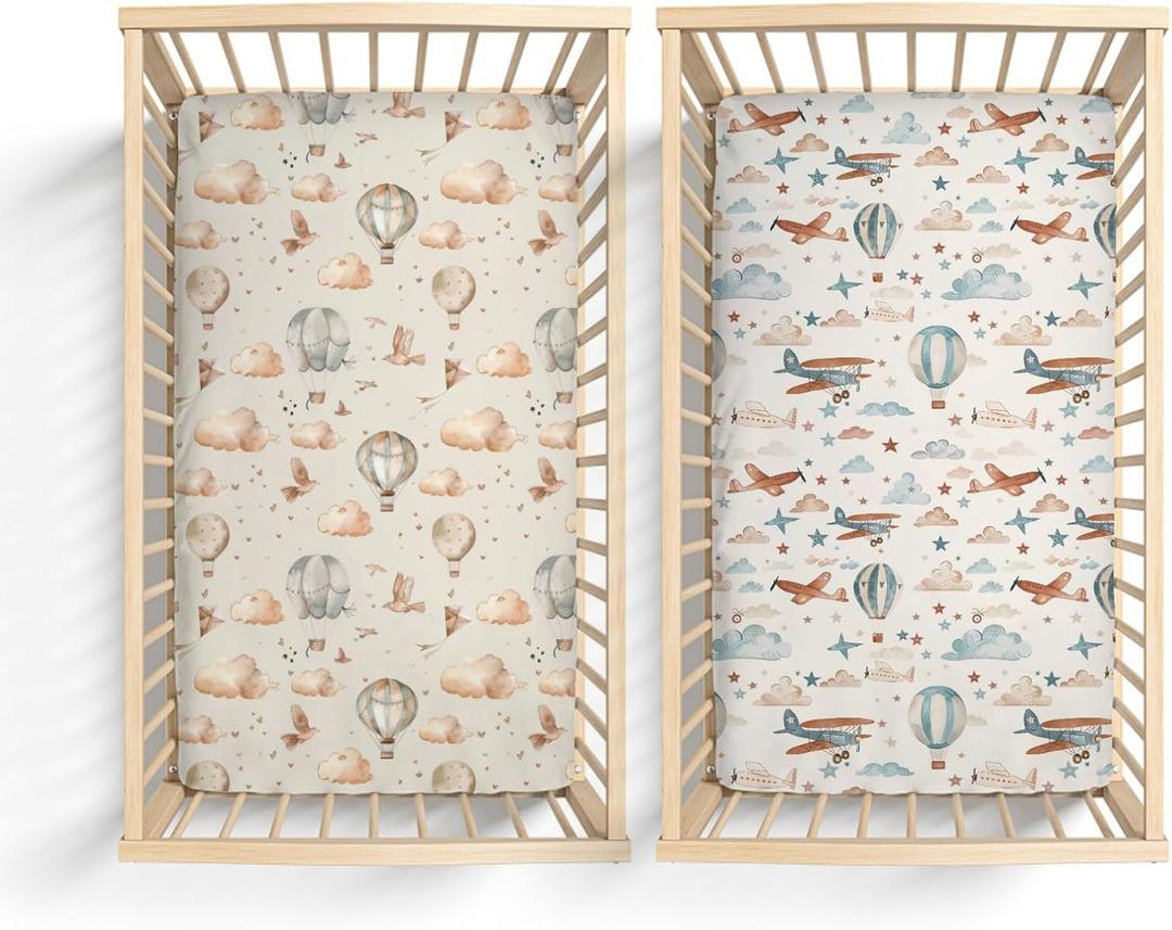 2 Pack Hot Air Balloon Plane Clouds Stars Pattern Baby Sheets for Crib, Unisex Hot Air Balloon Nursery Fitted Bed Sheet for Boys Girls Standard Crib and Toddler Mattress-28x52