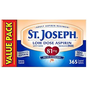 St. Joseph Aspirin Pain Reliever (NSAID) 81mg, Enteric Safety Coated, Adult Low Dose Aspirin, 365 ct (1 Year Supply, Packaging May Vary)