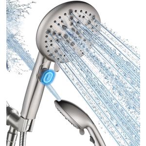 Cobbe 9-Function Shower Head with Built-in Power Spray, 1.8 GPM Water Saving ON/OFF Toggle Switch, High Pressure Handheld Showerhead with 1-Click Pause Button, Brass Bracket & 6ft Hose, Brushed Nickel