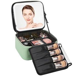 Relavel Travel Makeup Bag With LED Mirror Portable Travel Makeup Organizer 3 Color Adjustable Brightness Waterproof Cosmetic Train Case with Removable Dividers Makeup Storage for Women, Pink
