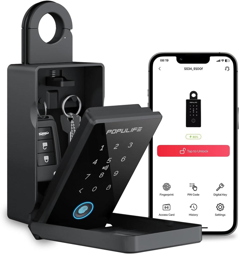 Populife Smart Fingerprint Lock Box for Keys with Code, Wireless Remote Access Key Lock Box for Outside, Digital Key Lockbox for Realtor Airbnb, Work Offline