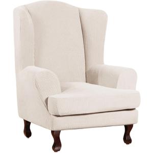 Turquoize Wingback Chair Covers 2 Piece Wing Chair Slipcover Stretch Slipcovers for Wingback Chairs Wing Chair Cover Spandex Jacquard Fabric with Elastic Bottom Non-Slip Furniture Cover, Ivory