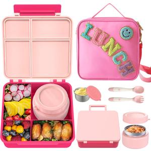Aimsnk Kids Bento Lunch Box with 8oz Soup Thermo, Kids Leakproof Lunch Food Containers with 4 Compartment,Insulated Hot Food Jar with Lunch Bag for School, Travel (Pink)