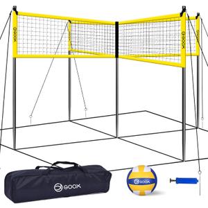 GOOX 4 Square Volleyball Net Game Set, 14 FT 4-Way Volleyball Net for Backyard Beach Lawn, Portable Four Square Volleyball Net for Adults & Youths with Vollyball, Pump, Carry Bag