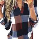 Dokotoo Womens Basic Casual V Neck Plaid Print Cuffed Long Sleeve Work Tops Blouses Shirts L