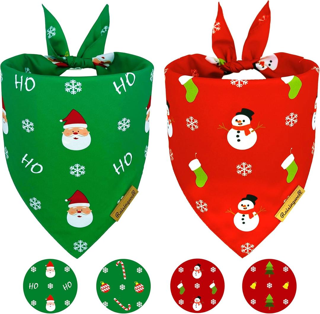 Christmas Dog Bandanas 2 Pack, 4 Pattern Reversible Adjustable Winter Holiday Bandana for Boy and Girl, Scarf for X-Large Breed Dogs | Christmas Snowman | Santa Claus |