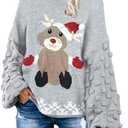 Sovoyontee Women's Cute Funny Ugly Christmas Sweater Puff Sleeve Snowflake Reindeer Holiday Oversized Knit Pullover M