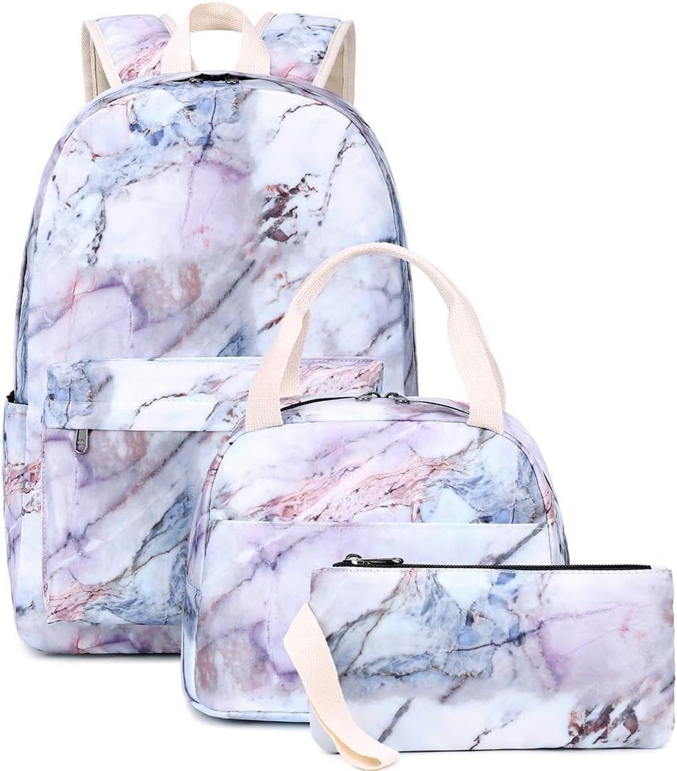 Bluboon Teen Girls School Backpack Kids Bookbag Set with Lunch Box Pencil Case Travel Laptop Backpack Casual Daypacks (Marble) (Large)