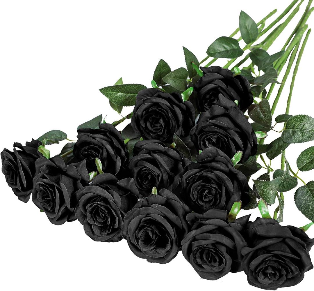 Hawesome 12PCS Artificial Silk Flowers Realistic Roses Bouquet Long Stem for Home Wedding Decoration Party (12PCS-Black)