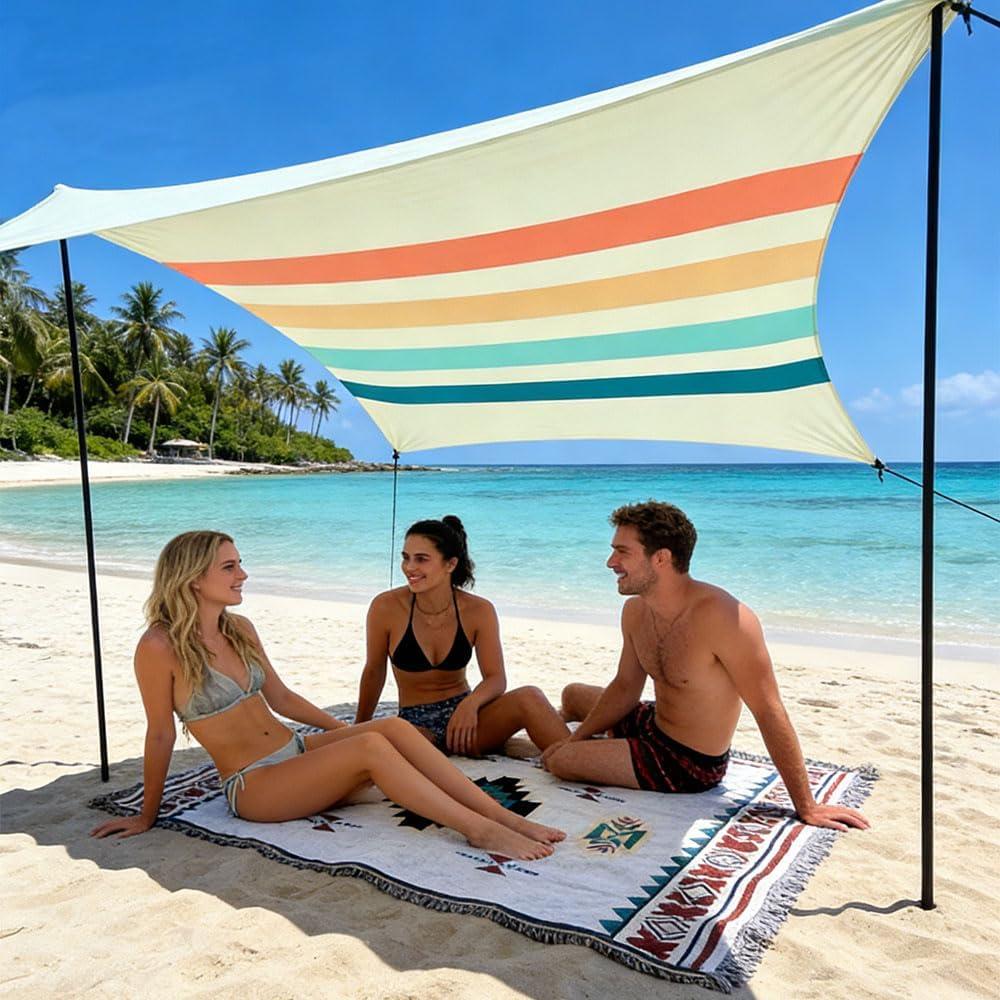 Beach Tent Shade Canopy UPF50+Protection & Windproof Pop Up Beach Shelter Tent with 2 Stability Poles 4 Sandbags for Family, Travel & Camping, Easy Setup