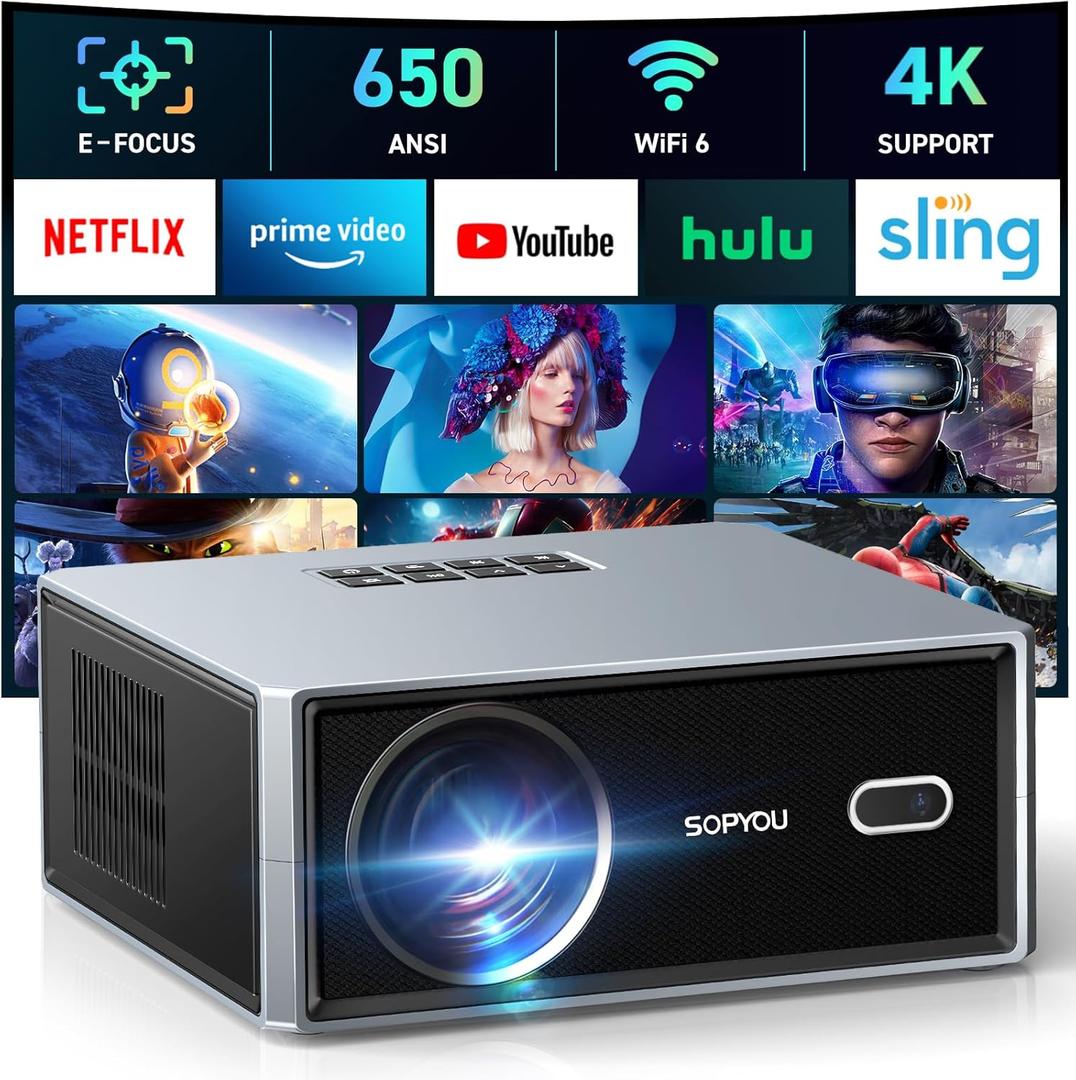[Electric Focus/Auto Keystone] Projector with WiFi and Bluetooth, Native 1080P 4K Support Outdoor Movie Projectors Max 450" Display, SOPYOU Home Theater Projector for iOS/Android/TV Stick (Silver)