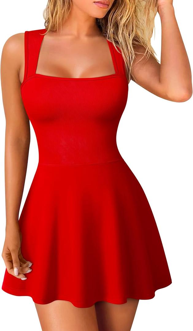 OQQ Women's Square Neck A-line Dress Sleeveless Tank Top Stretch Flare Mini Dresses (Red, Small)