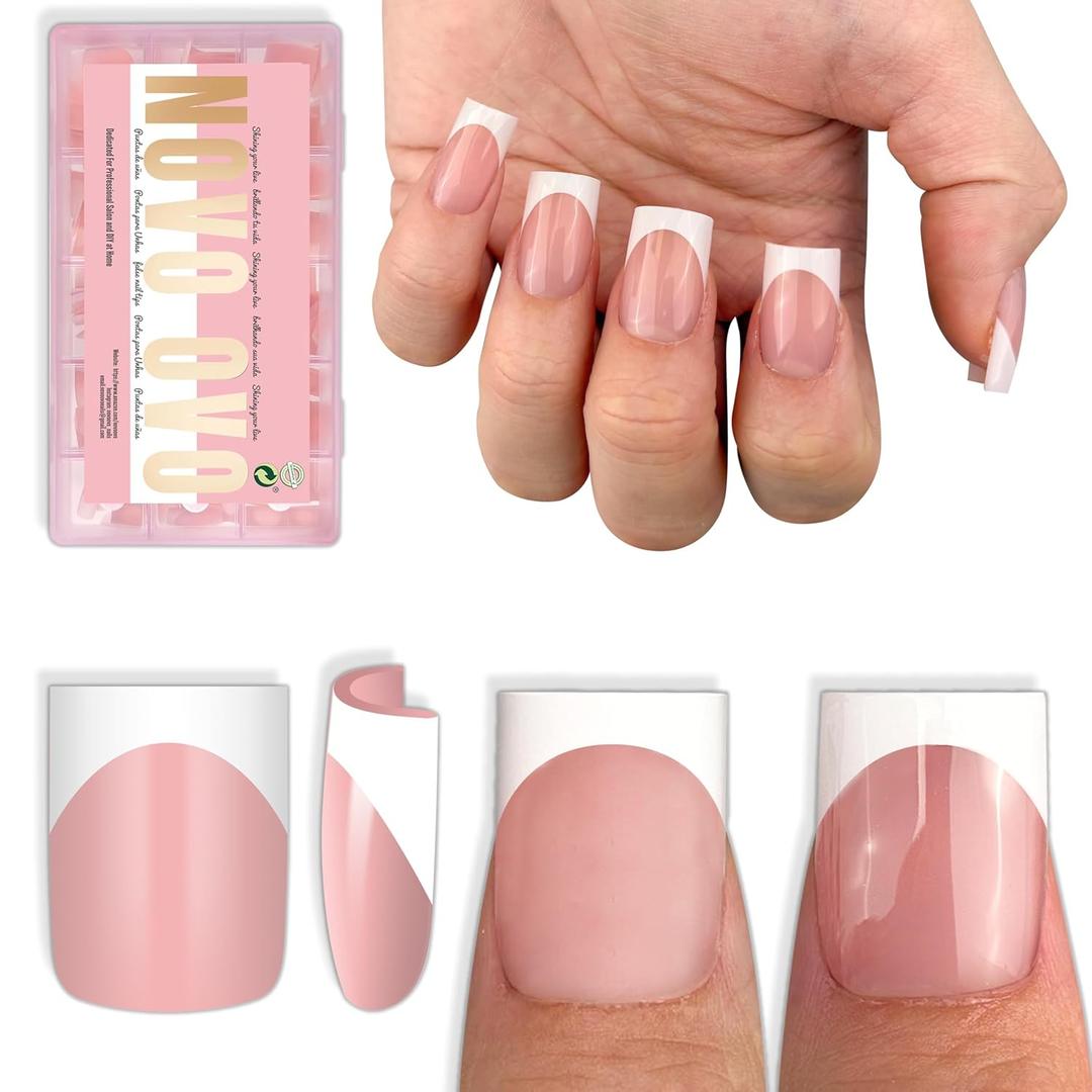 NOVO OVO Short Sharp Square White French Tip Nail Tips Press on BABY PINK, Need Builder Gel Top Coat Nail Glue, Soft Gel Fake Nail Extension, Full Cover False Nails for Salon DIY x 15 Sizes 240 pcs