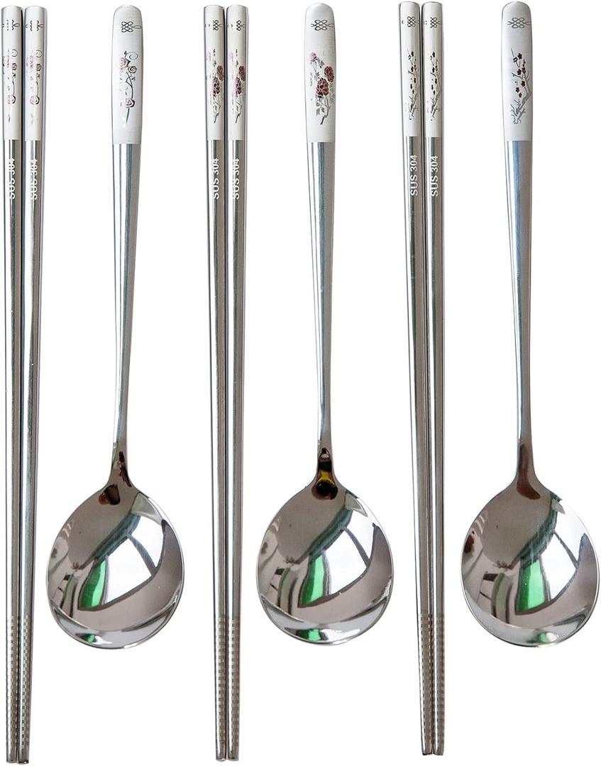 Reusable Chopstick and Spoon Set, Korean Long Handle Stainless Steel Spoon and Chopsticks Set, Dishwasher Safe Metal Chop sticks, Set of 3. (Multi-patterned)