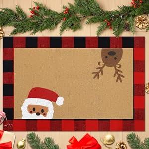 Drydiet 2 Pcs Christmas Coir Doormats Outdoor Santa Claus Welcome Door Mats Layered Buffalo Plaid Elk Front Door Rugs Non Slip Floor Mats for Xmas Porch Entryway Indoor Outdoor Decor