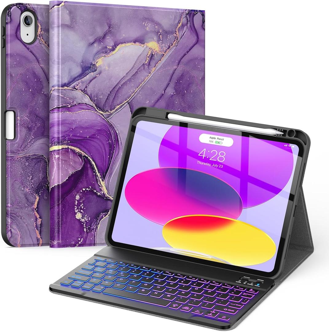 Soke For Ipad (A16) 11th/10th Generation Case With Keyboard(2025/2022)-7 Color Backlight Wireless Detachable Folio Keyboard Cover With Built-In Pencil Holder For Ipad 11/10.9 Inch, Purple Marble