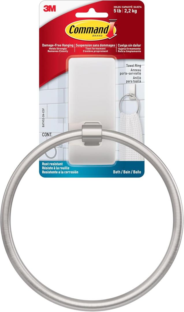 Command Hand Towel Holder Satin Nickel with Water Resistant Command Strips, Rust Resistant Bathroom Organizer, Holds up to 5 lbs (Large)