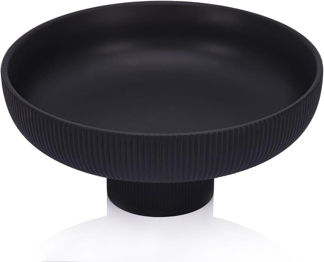 Modern Large Black Decorative Bowl - Ribbed Black Fluted Pedestal Bowl , Multi-Functional Fruit Bowl, Key Bowl, Candy Dish, Ideal for Entryway Table, Kitchen Counter, Living Room, Coffee Table Decor