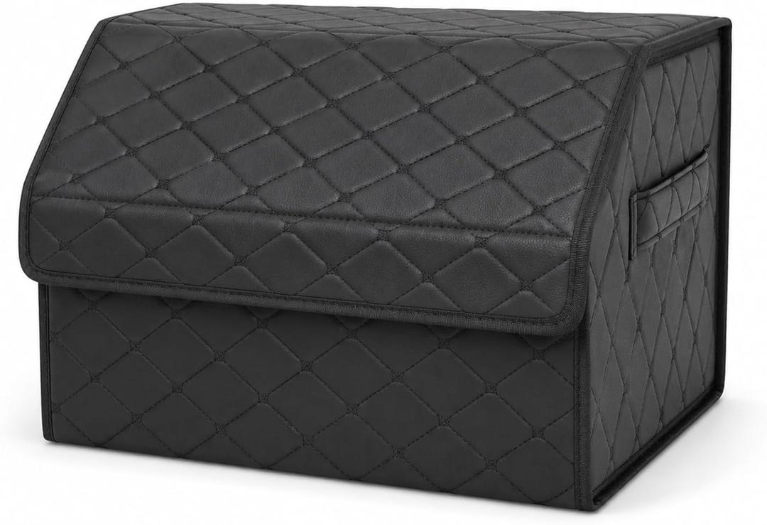 1Pack Leather Trunk Organizer for SUV & Sedans - Extra Large Foldable Car Storage Box with Lid, Adjustable Removable Dividers and Carry Handle, Collapsible Auto Cargo Organizer Black (1)