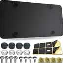 Stainless Steel License Plate Backing - Black Heavy Duty Metal Reinforcement Plate for Car Tag Bending Protection with Screws & Caps