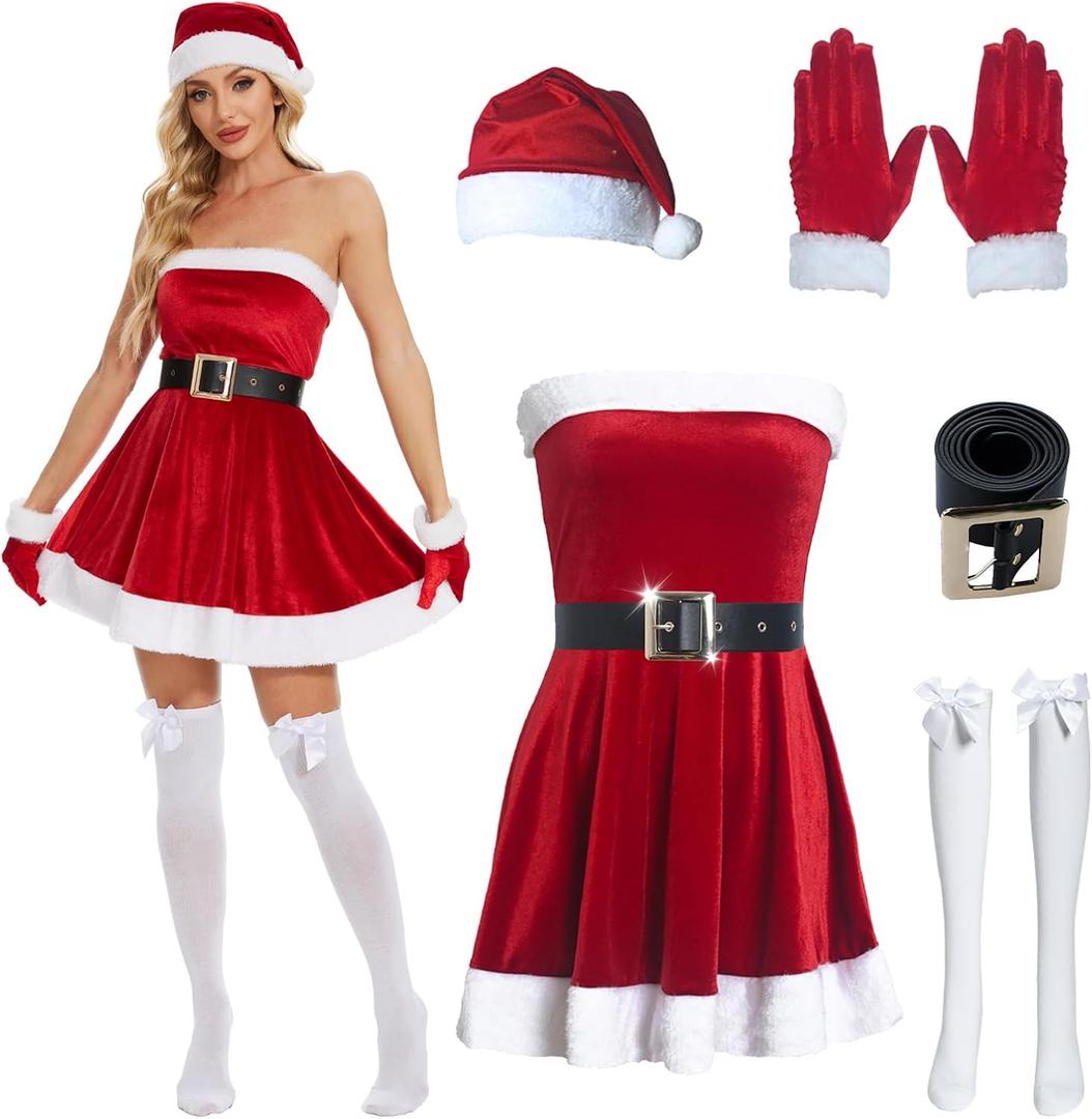 Christmas Dress Women Santa Clause Costume with Santa Belt Gloves, Hat, Bow Knee Socks (X-Large)