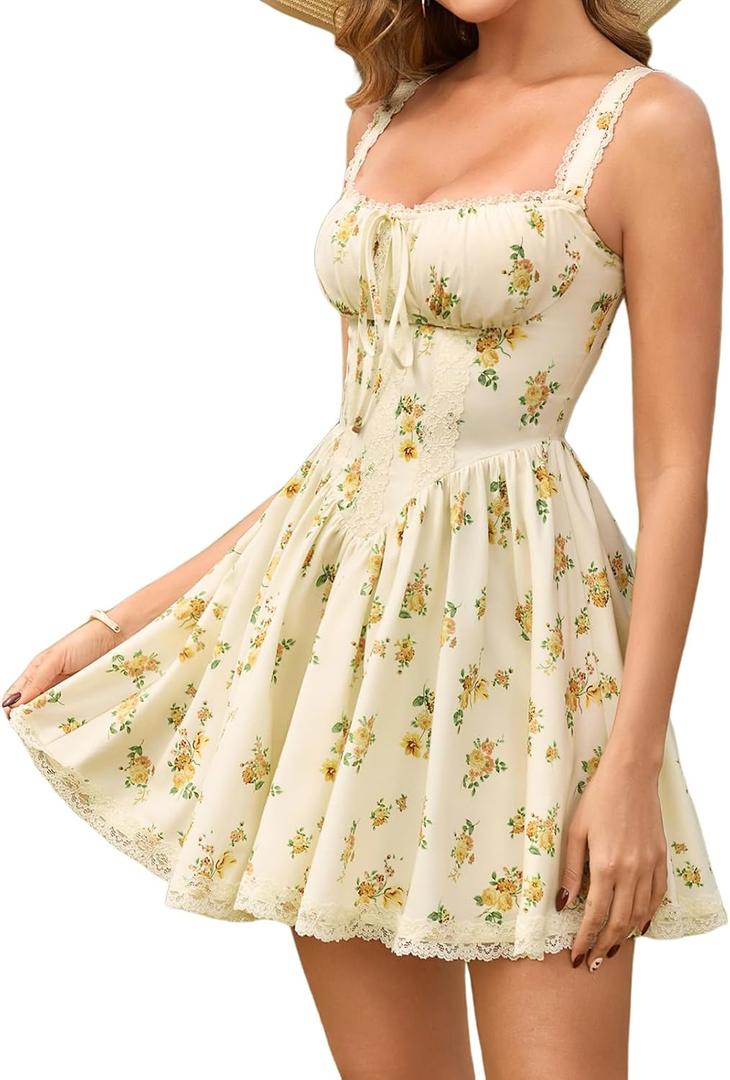 Womens Summer Floral Mini Dress Square Neck Tie Front Lace Spliced Ruched Backless Casual Party Graduation Short Dresses XL
