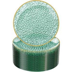 Rubtlamp 100 Pcs Clear Green Plastic Plates, Gold Hammered Plastic Salad Platos, Green Disposable Platos With Gold Rim,7 Inch Dessert Platos Disposable, Dessert Appetizer Platos