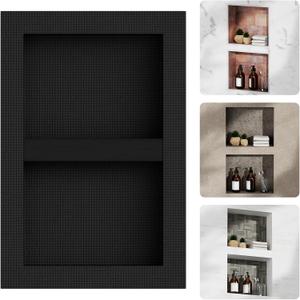 Shower Niche Insert Tile Ready 16" x 26" Recessed Wall Niche with Movable Shelf Two-Tier Bathroom Storage, Plenty of Space Square Corners Sealed Waterproof, Matte Black