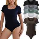 5 Pack Short Sleeve Bodysuits for Women Square Neck Casual Stretchy Basic Body Suits Tops T Shirts (Small, 5 Pieceblack/White/Coffee/Green/Grey)