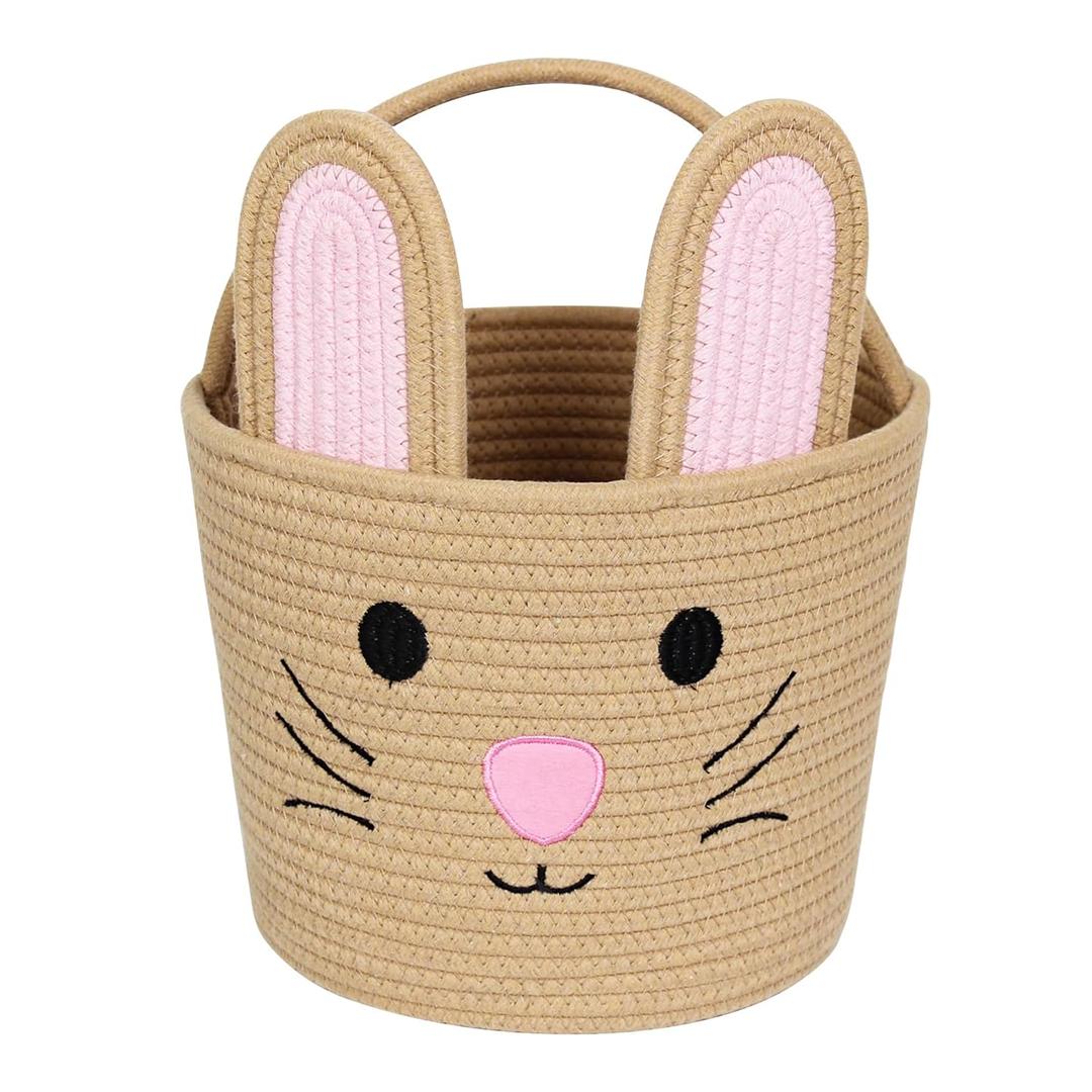 Easter Basket for Kids, Woven Cotton Rope Storage Egg Bucket with Rabbit Ears Handle, Reusable Egg Hunt Gift Basket Empty for Baby Girls Boys, Nursery Decor, Cute Kids Toy Storage, Brown