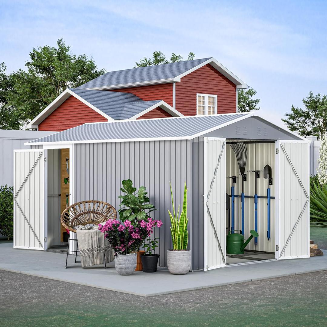 8x12 FT Storage Shed with 2 Lockable Doors and Vents, Alloy Steel Waterproof Tool Sheds, Heavy-Duty Sheds Unit W/Floor Frame, Lock&Key, Garden Shed for Storing Bicycles, Barbeques, Gray