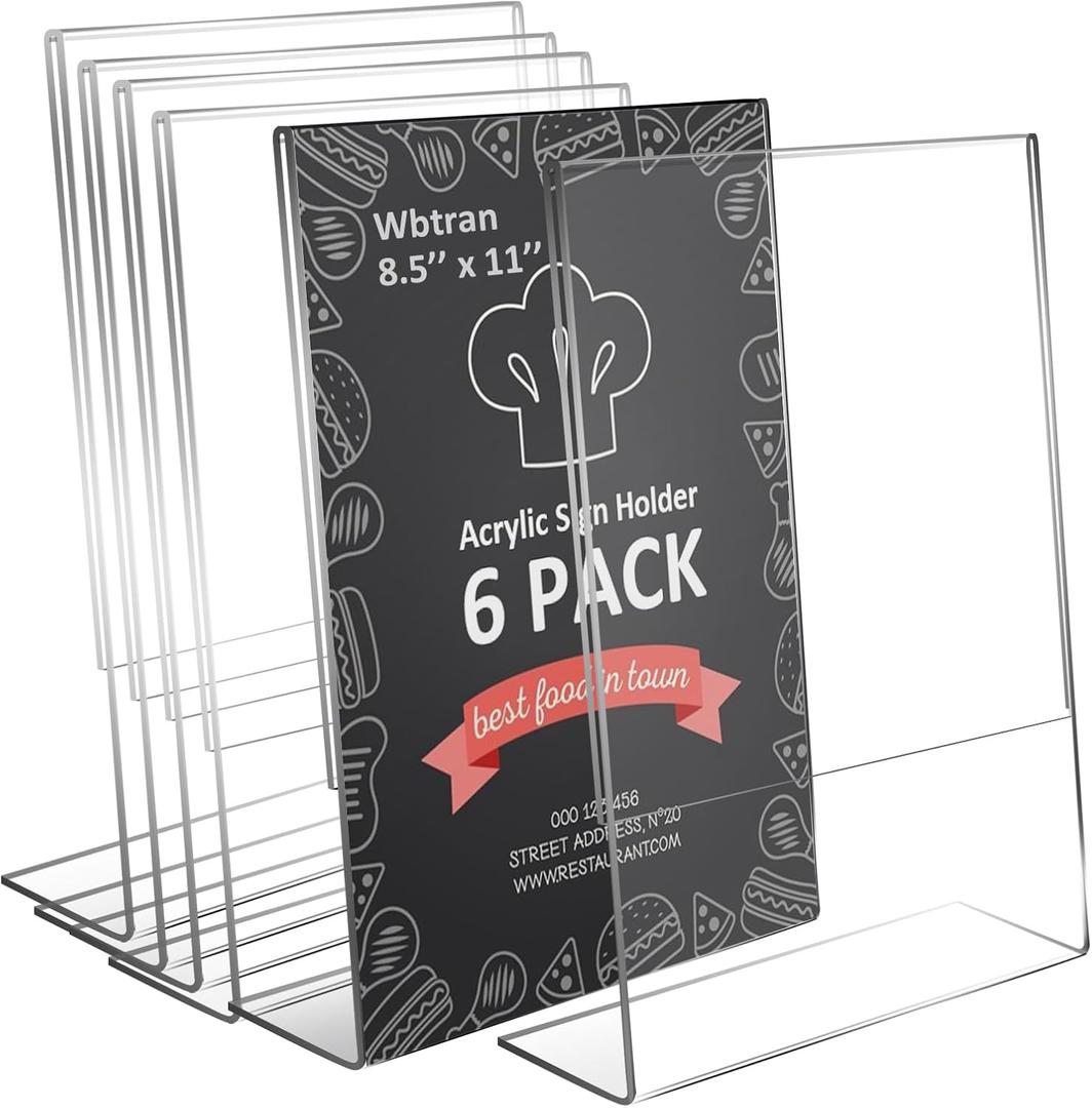 Acrylic Sign Holder 8.5 x 11, Slanted Back Clear Acrylic Picture Frame, Stands for Display Paper Clear Plastic Sign Holder for Office, Home, Restaurant (6 Pack)
