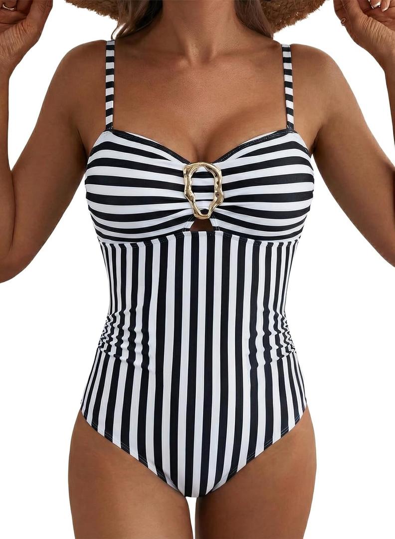 Aleumdr 2026 Trendy Striped One Piece Bathing Suit for Women Tummy Control Swimwear Slimming Bathing Suit Cutout Metal Ring Swimsuit Black Stripe X-Large