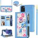 Floral Wallet Case for Samsung Galaxy S20 FE 5G 6.5 inch with Wrist Strap Shoulder Strap Flip Zipper Purse Stand Phone Cover for S 20 EF UW 2022 S20FE5G S20FE 20S S2O Fan Edition 4G G5 Blue