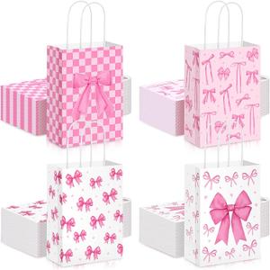 Kolldenn 48 Pcs Pink Bow Paper Gift Bags, Coquette Goodie Bags with Handles, Cute Candy Treat Storage for Wedding Birthday Holiday Engagement Baby Shower Party Favors Supplies