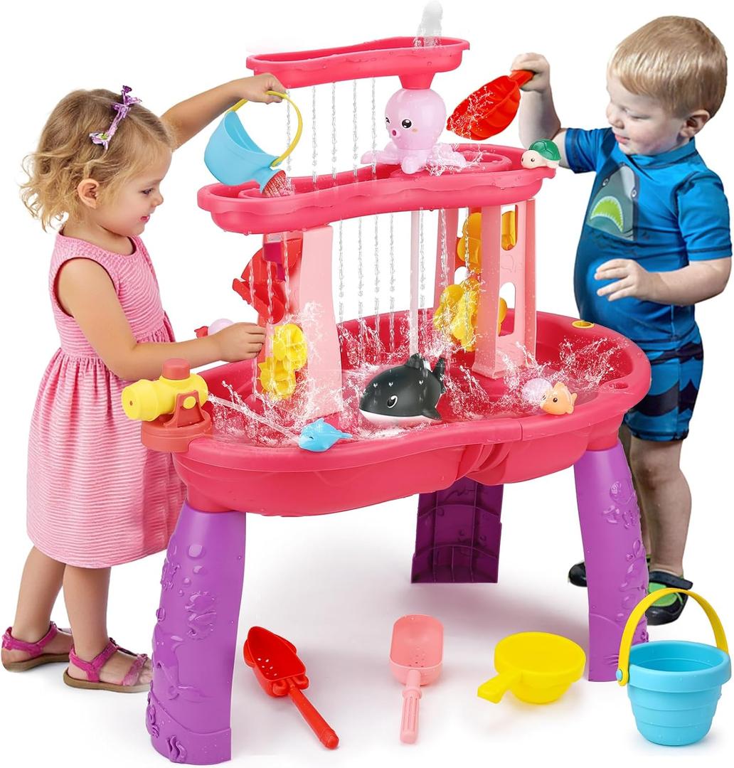 Water Table for Toddlers 3-5 with Pump Kids Sand and Water Activity Sensory Play Table Outdoor Toys for Kids Ages 4-8 Summer Outside Beach Pool Backyard Toys Age 3 4 5 Year Old Boys Girls Gifts (Pink)