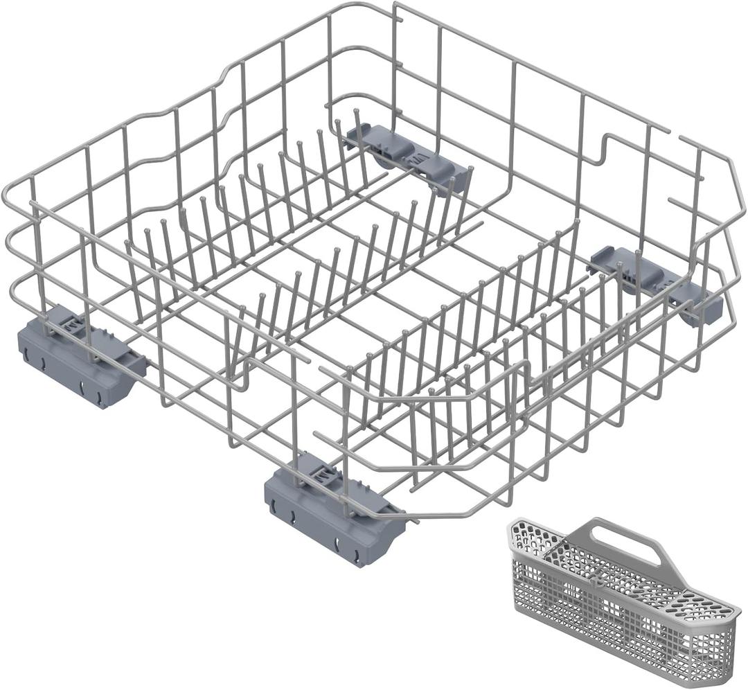 UPGRADED WD28X26099 Dishwasher Lower Rack Compatible with GE Dishwasher Rack Assembly With WD28X10128 Universal Dishwasher Silverware Basket & WD28X27241 Dishwasher Rack Carrier and Roller Kit