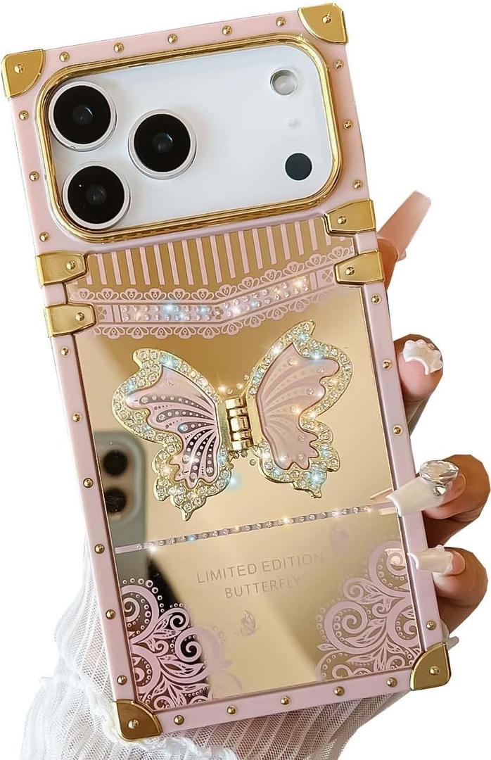 Cute Compatible with iPhone 17 Pro Max Case with Luxury Bling Glitter Butterfly Foldable Stand Kickstand,Girly Soft PC Mirror Designer Bumper Protective Cover for Women & Girls(Pink)