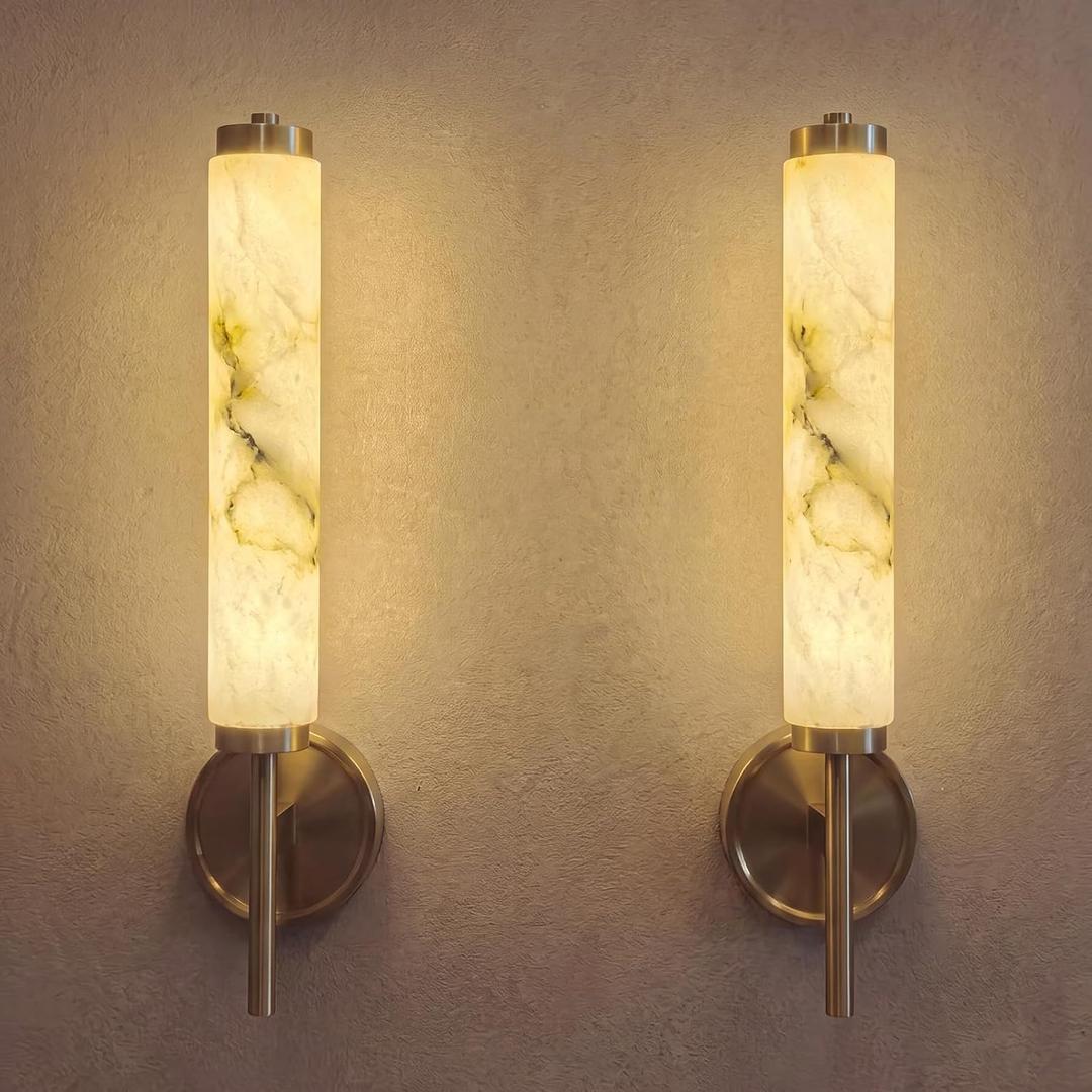 2PCS Alabaster Wall Sconce Light LED 3000K Modern Brass Wall Sconces with Natural Stone Shade, Indoor Wall Lights for Bathroom, Bedroom, Hallway (Single Head), 19Inch