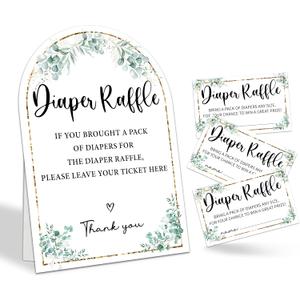 2 x 7x10 Inches Diaper Raffle Sign & 50 Cards - Diaper Raffle Tickets For Baby Shower Games - Greenery Arch Stand Sign Baby Shower Decorations & Supplies - Gender Reveal Games - A04