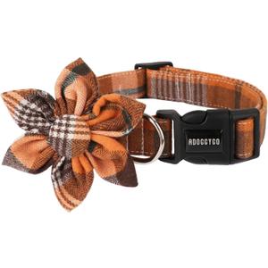 ADOGGYGO Fall Dog Collar with Detachable Floral, Adjustable Orange Plaid Thanksgiving Halloween Floral Collars for Large Dogs (Large)